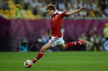 Danish forward Nicklas Bendtner strikes