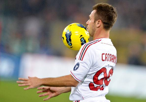 AC Milan's forward Antonio Cassano contr