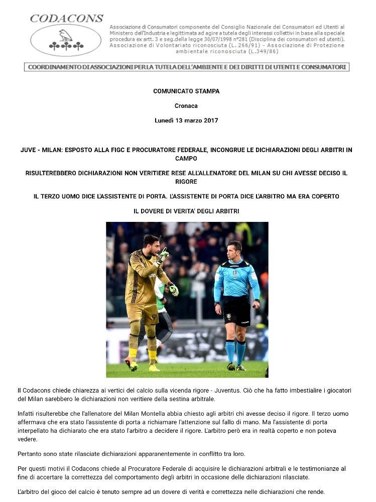 codacons Juventus-Milan
