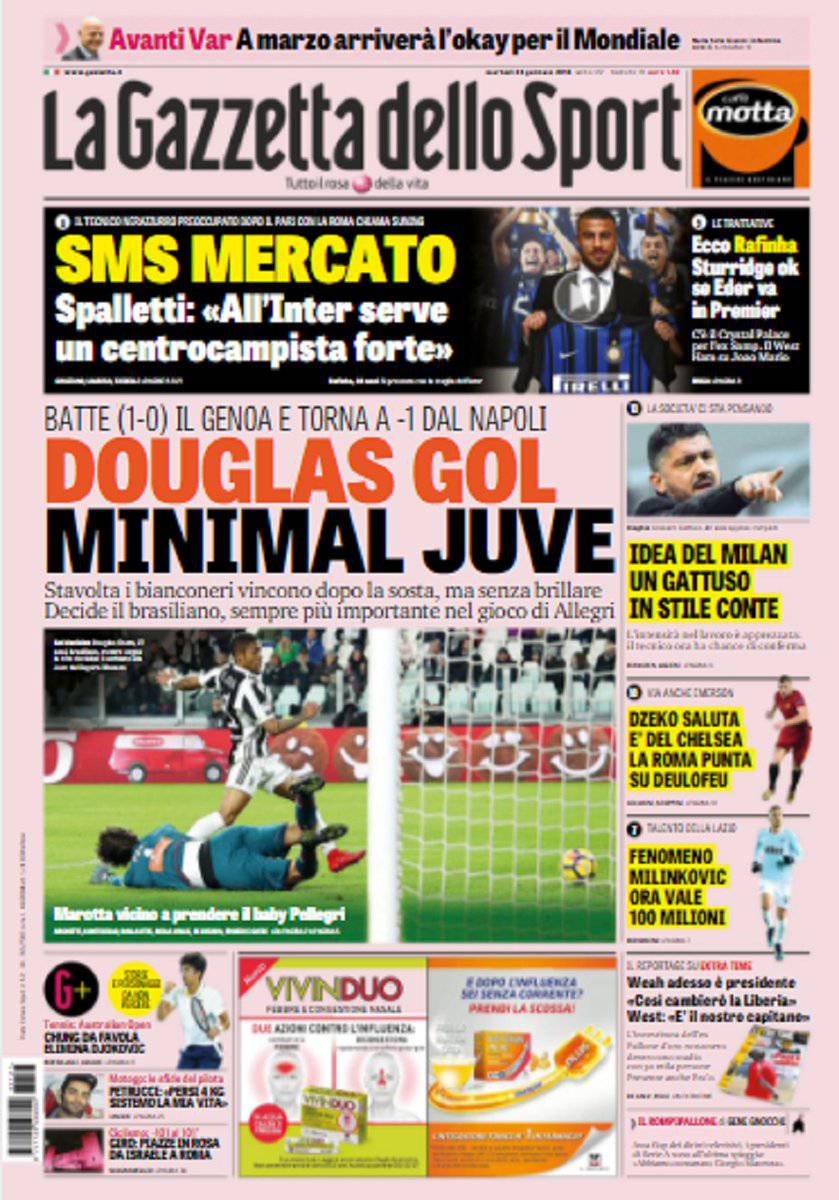 La Gazzetta dopo il -10 alla Juventus: Lazio, è Champions. Milan al 4 ° posto