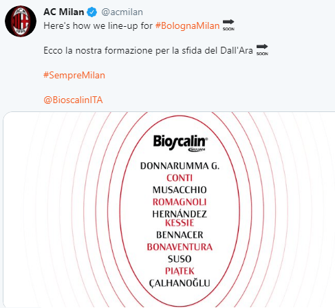 Formazione ufficiale Bologna-Milan