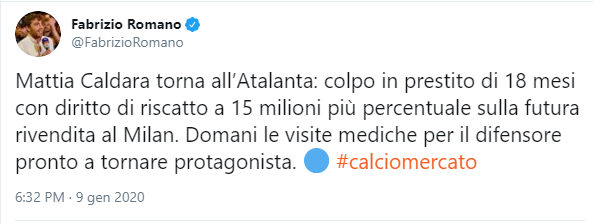 Dettagli riscatto Caldara Atalanta Milan