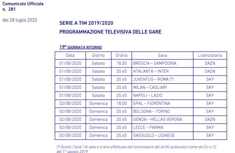 programmazione 38 giornata serie a