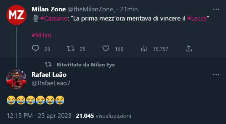 Rafael Leao Cassano Twitter Milan Lecce
