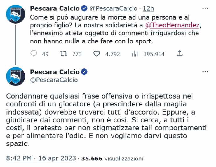 Pescara Theo Hernandez insulti social