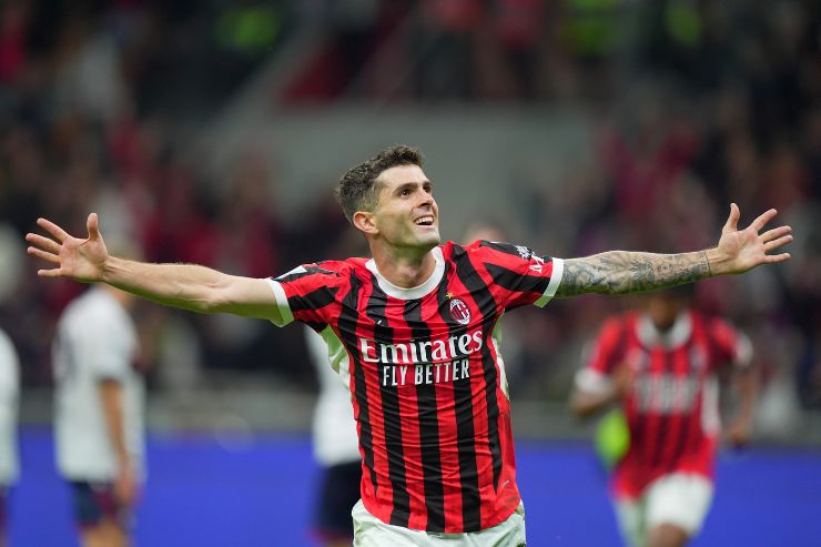 Pulisic esulta per il gol in Milan-Bologna a San Siro