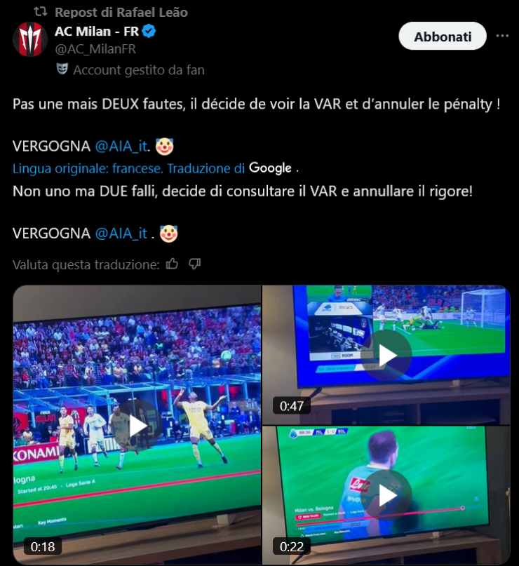 Il post X su Milan-Bologna condiviso da Rafa Leao