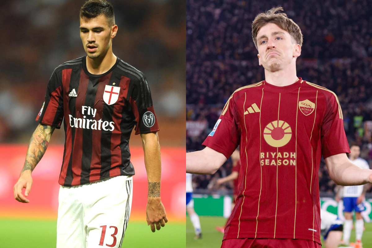 Alessio Romagnoli difensore del Milan e Alexis Saelemaekers calciatore della Roma