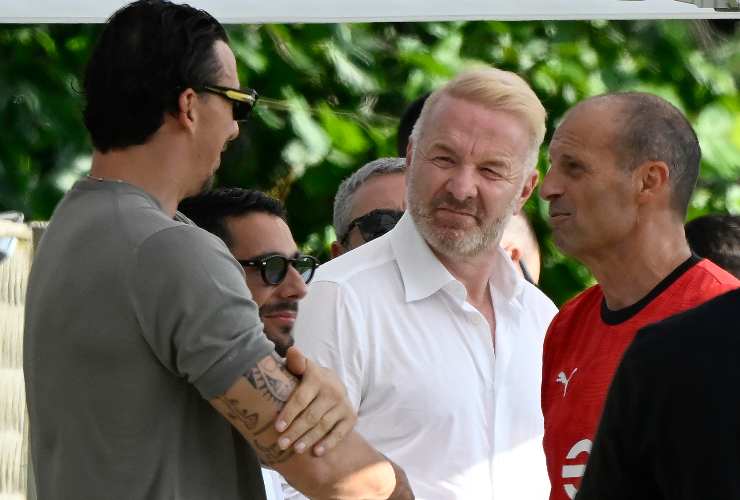Max Allegri, Igli Tare, Geoffrey Moncada e Zlatan Ibrahimovic assieme a Milanello